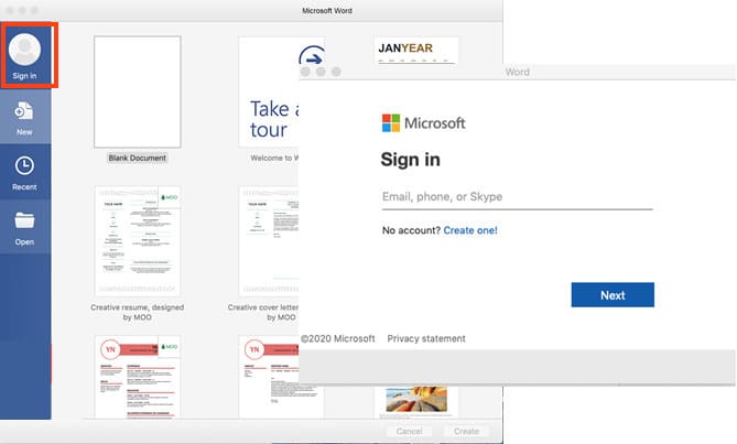 Office welcome screen
